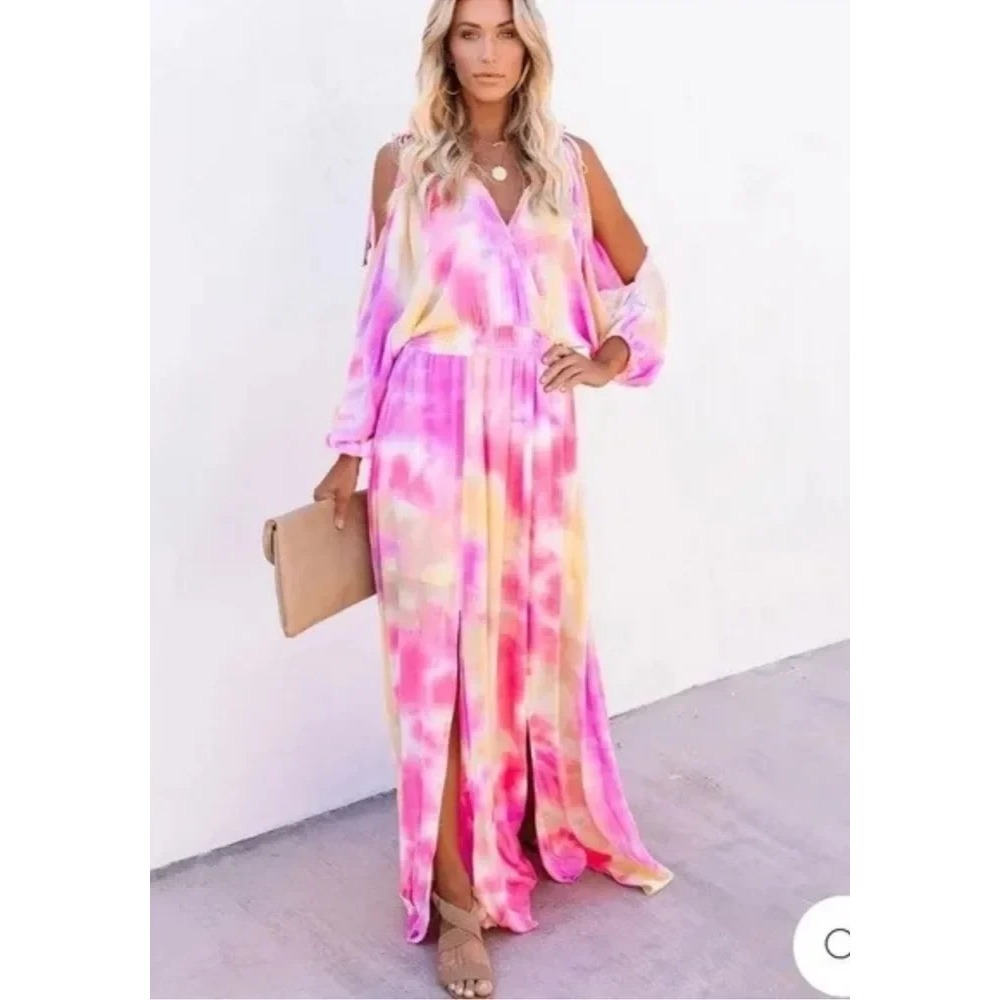 Vici Tequila Sunset Tie Dye Cold Shoulder Maxi Dress Beach Coastal Resort S - Picture 2 of 15
